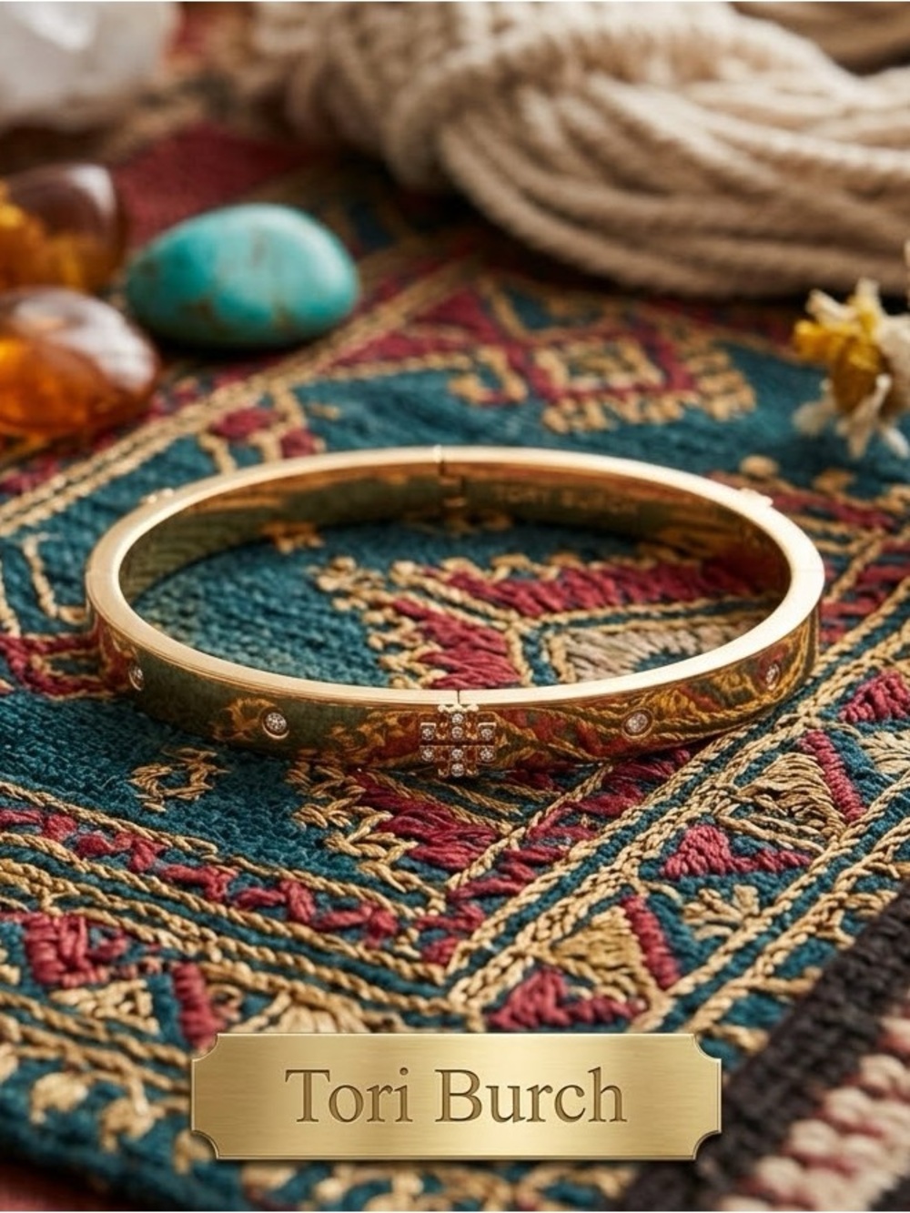 Tory Burch Gold Crystal Cross Bangle Bracelet
